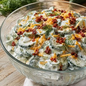 Creamy cucumber salad with bacon and cheese in a glass serving bowl topped with shredded cheddar and crispy bacon bits