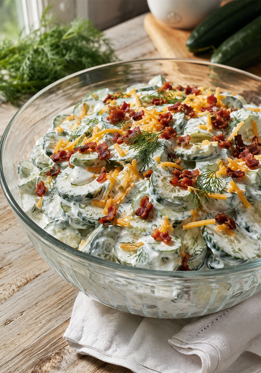Creamy cucumber salad with bacon and cheese in a glass serving bowl topped with shredded cheddar and crispy bacon bits