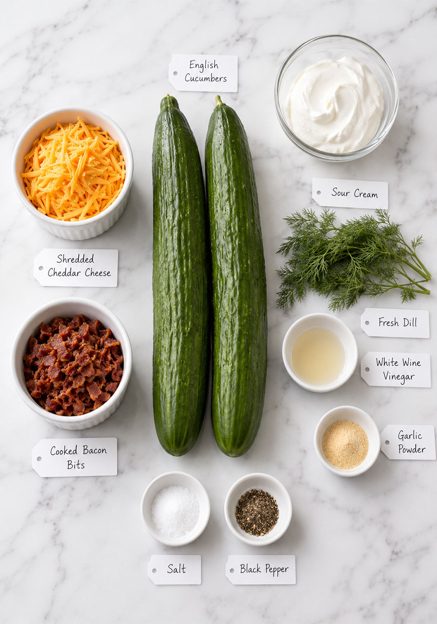 All ingredients for creamy cucumber salad with bacon and cheese laid out on white marble, including cucumbers, sour cream, cheddar cheese, bacon bits, and fresh dill