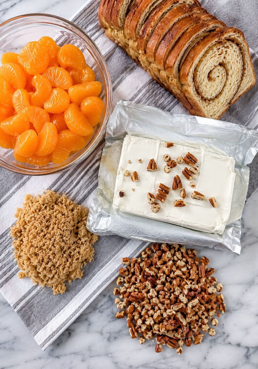 Five ingredients needed for creamy orange cinnamon tea sandwiches including cream cheese, mandarin oranges, pecans, brown sugar, and cinnamon bread
