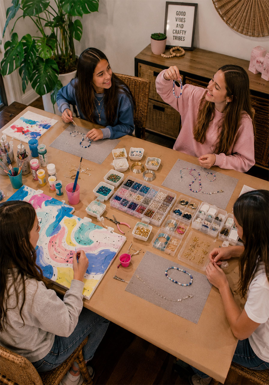 Teen girls making jewelry at creative craft birthday party with beads and art supplies on table