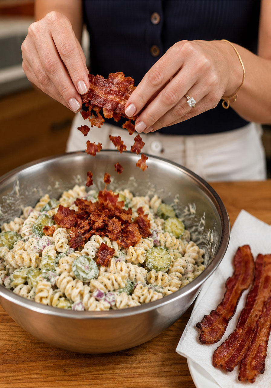 Hands crumbling crispy golden bacon strips into a creamy dill pickle pasta salad in a large mixing bowl