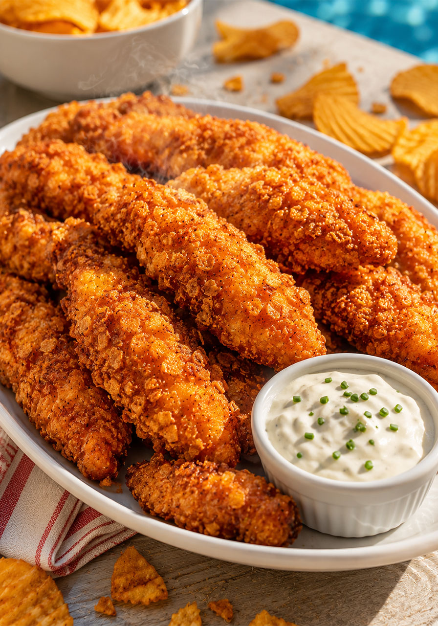 Crispy BBQ chip-crusted chicken tenders with sour cream chive dip – crowd-pleasing pool party finger food
