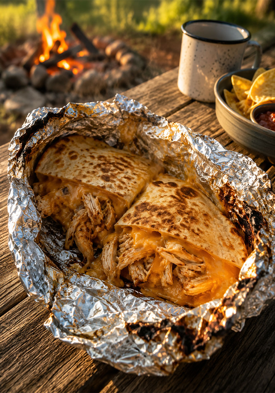 Crispy foil packet quesadilla with melted cheese opened on campfire picnic table