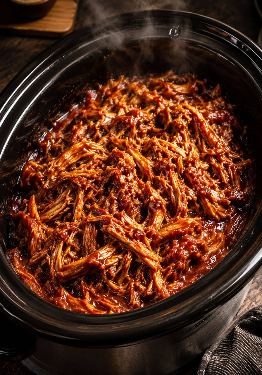 Flavor-loaded crock pot BBQ pulled pork glistening with smoky sauce in a black slow cooker, freshly shredded and ready to serve