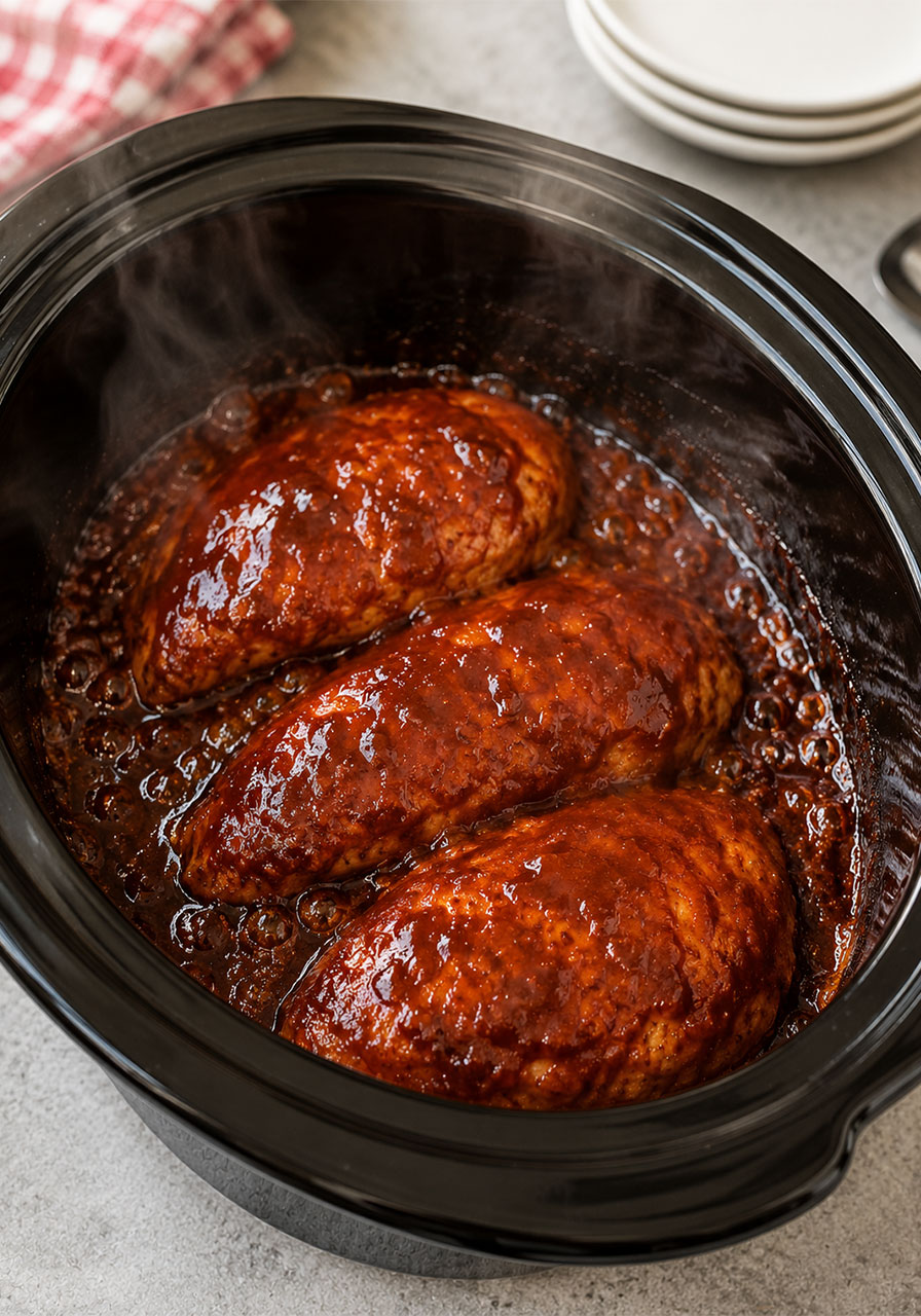Fully cooked BBQ chicken breasts covered in rich caramelized sauce inside black slow cooker ready to shred