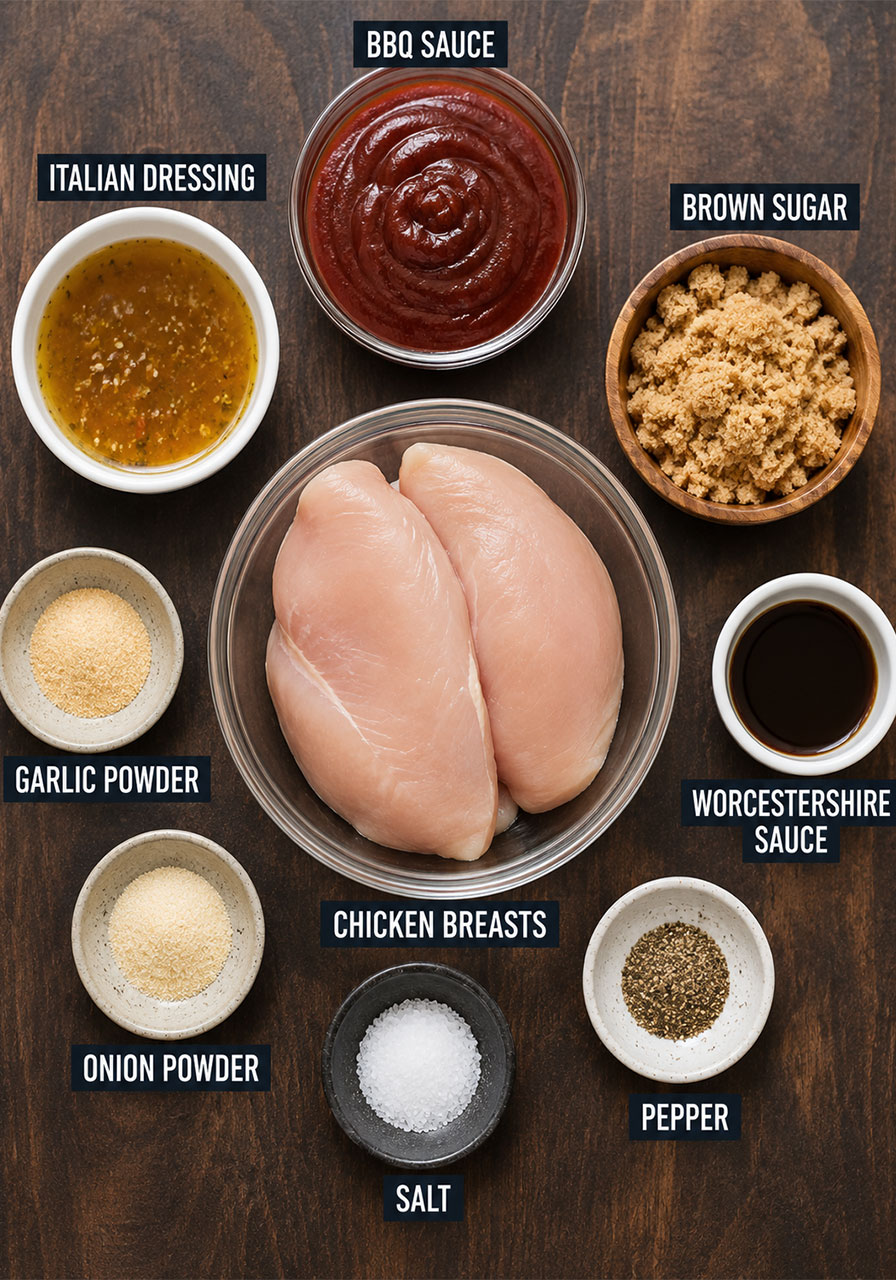 All ingredients for easy crockpot BBQ chicken recipe including BBQ sauce, Italian dressing, and brown sugar