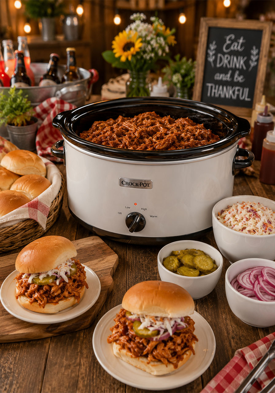 Crockpot BBQ pulled chicken party spread with slider buns toppings and assembled sandwiches for a crowd