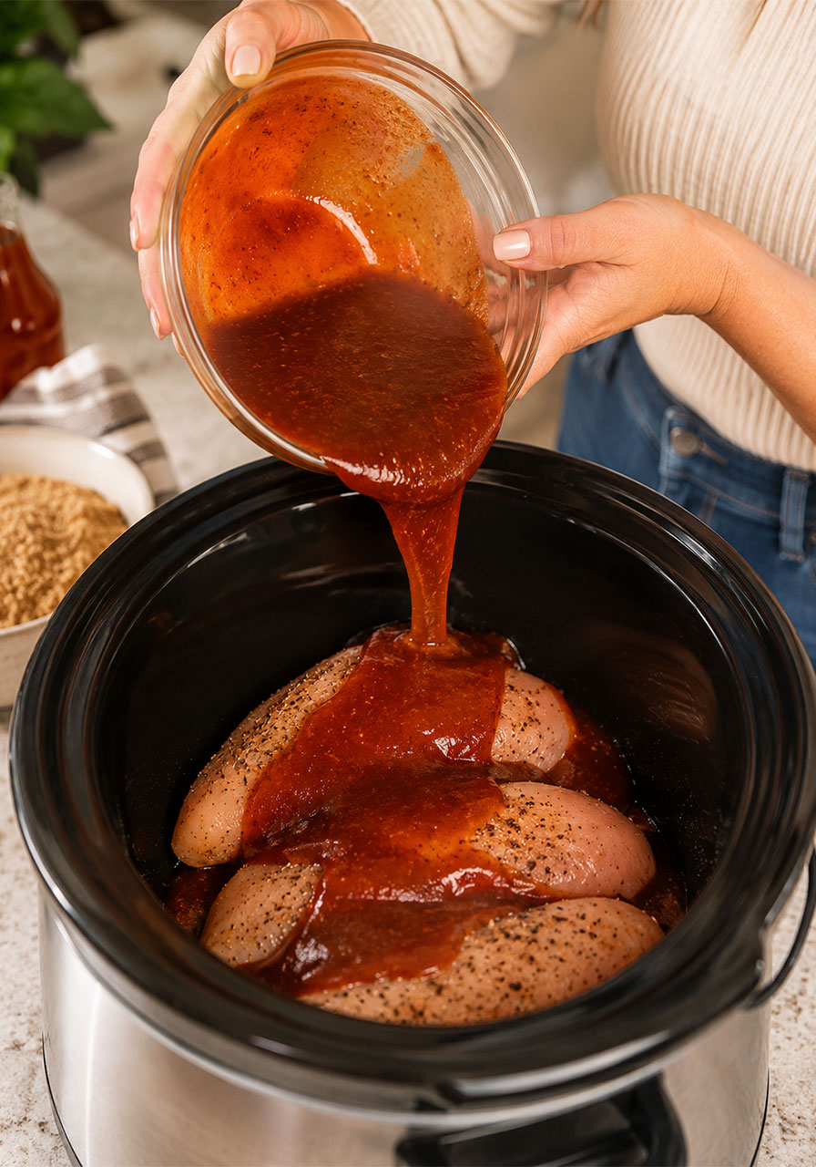 Pouring homemade BBQ sauce mixture over raw chicken breasts in slow cooker for easy crockpot BBQ chicken