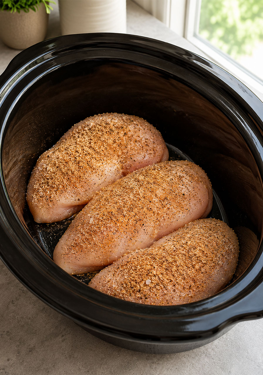 Raw seasoned boneless chicken breasts with garlic powder and onion powder placed in black slow cooker insert
