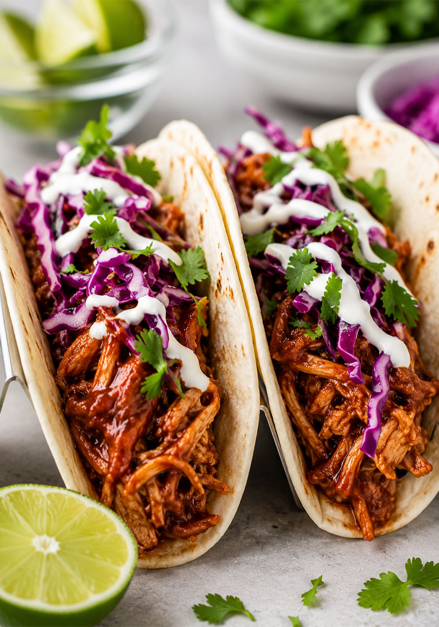 Easy BBQ pulled chicken tacos made with slow cooker crockpot chicken topped with coleslaw and cilantro