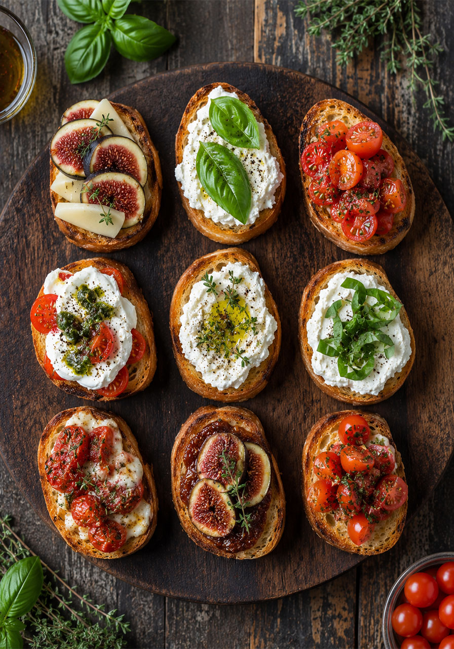 Assorted crostini with ricotta, figs, cherry tomatoes, and burrata toppings on a wooden board for a bridal shower appetizer spread