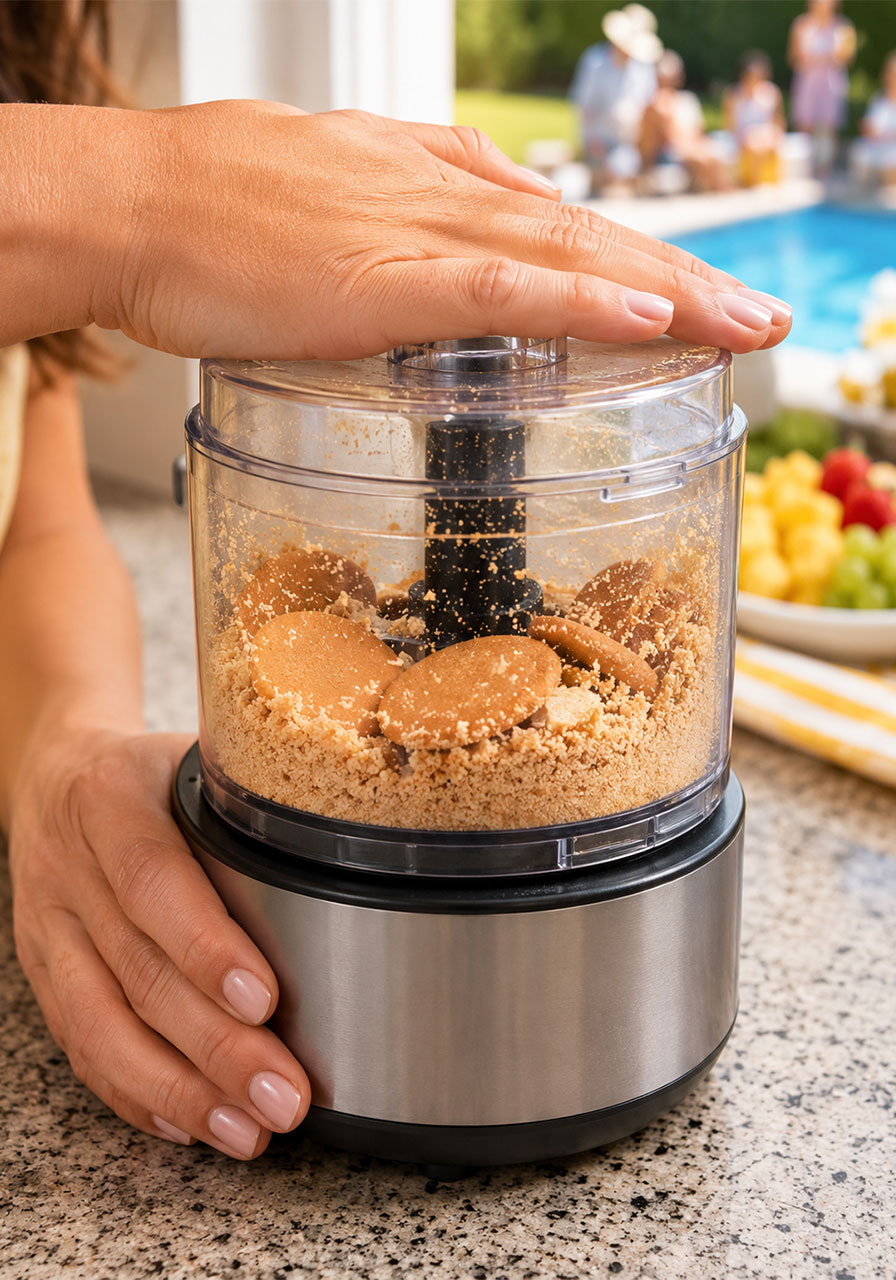 Crushing Nilla wafer cookies in a food processor to make crumbs for cheesecake pineapple dip