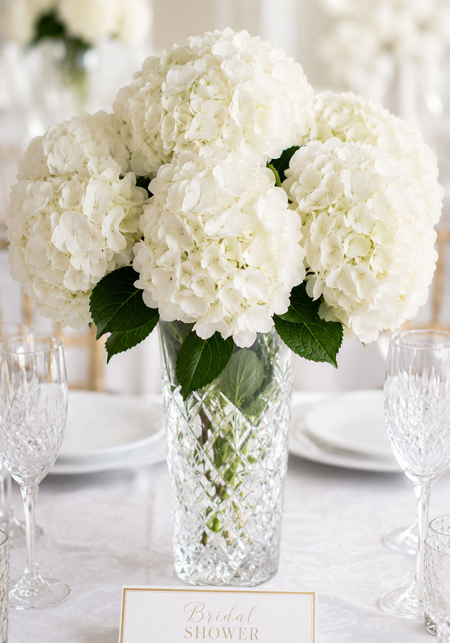 Tall crystal vase overflowing with cascading white hydrangeas as a classic luxurious bridal shower table centerpiece