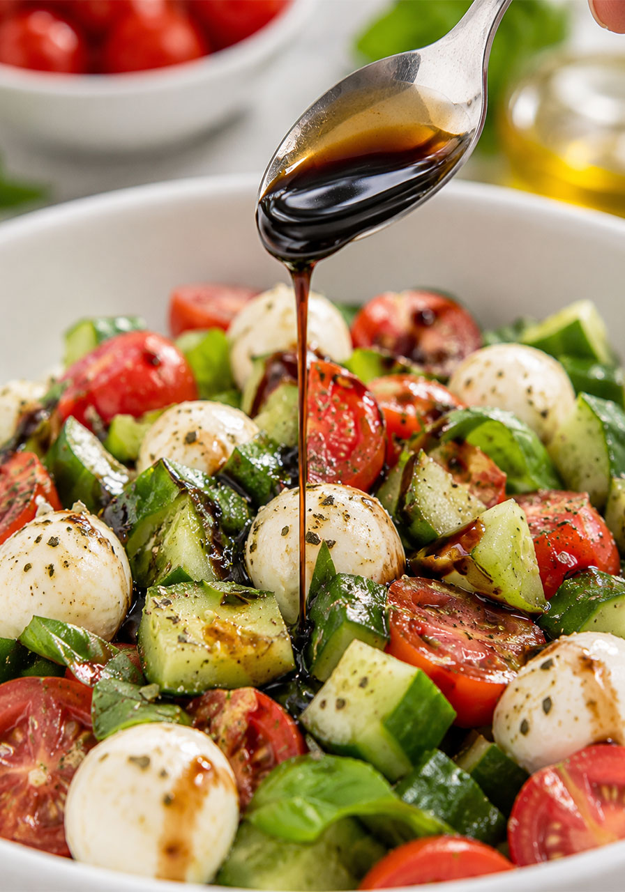 Balsamic vinegar being drizzled onto easy cucumber caprese salad in a white bowl