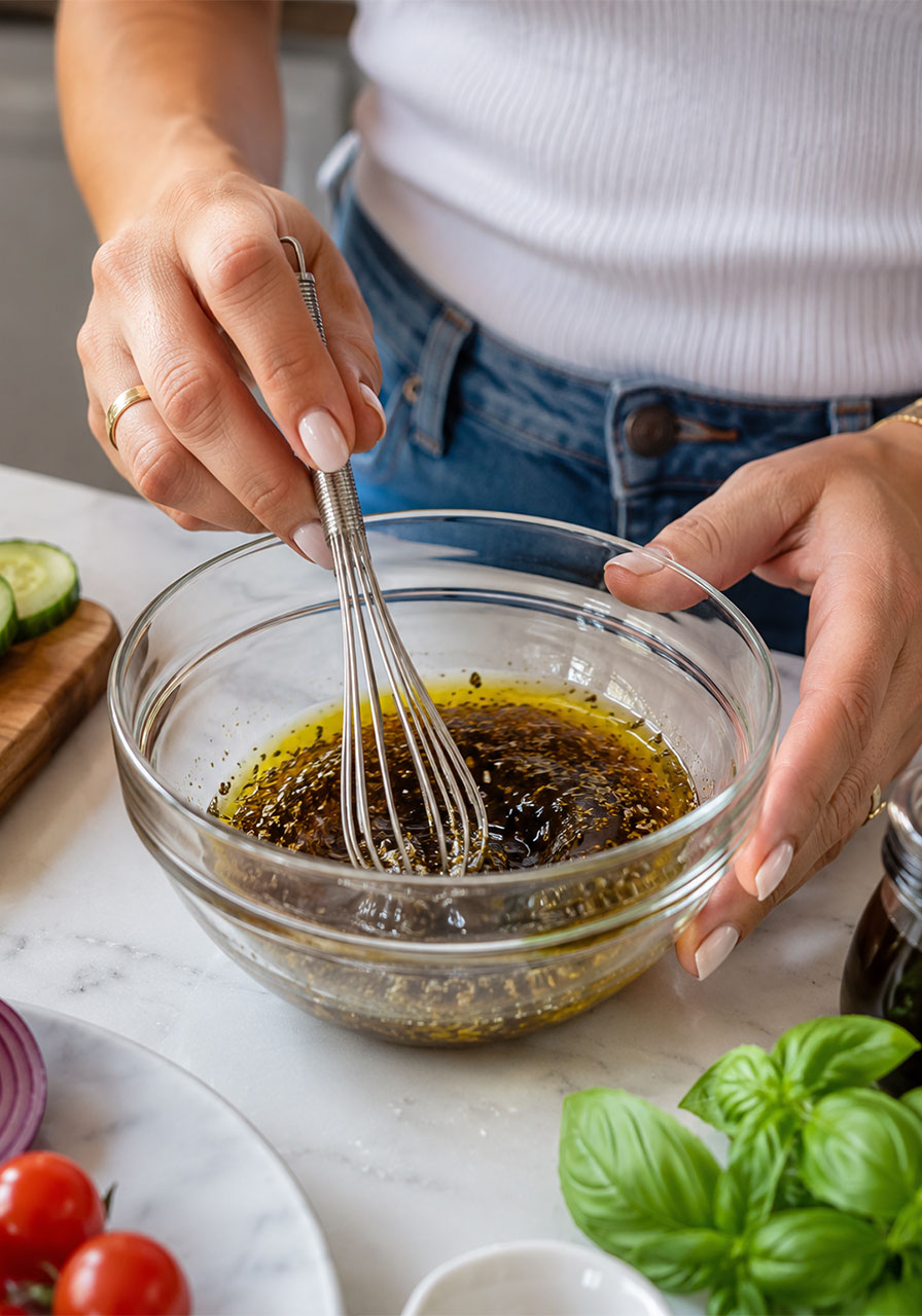 Whisking together balsamic vinegar, olive oil, and dried herbs for easy cucumber caprese salad marinade