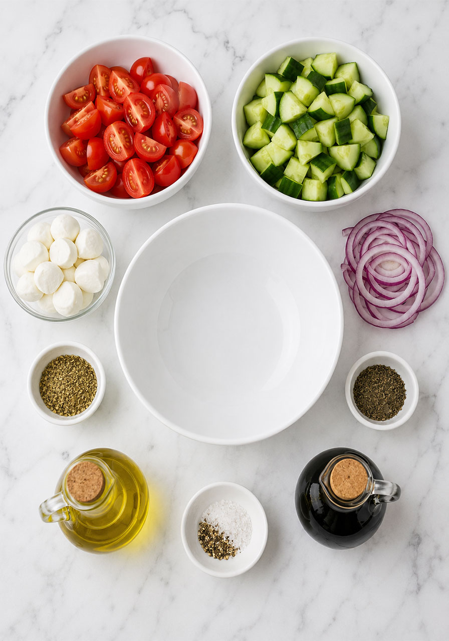 All ingredients for easy cucumber caprese salad laid out flat: cherry tomatoes, mozzarella, cucumber, red onion, olive oil, balsamic vinegar, and dried herbs