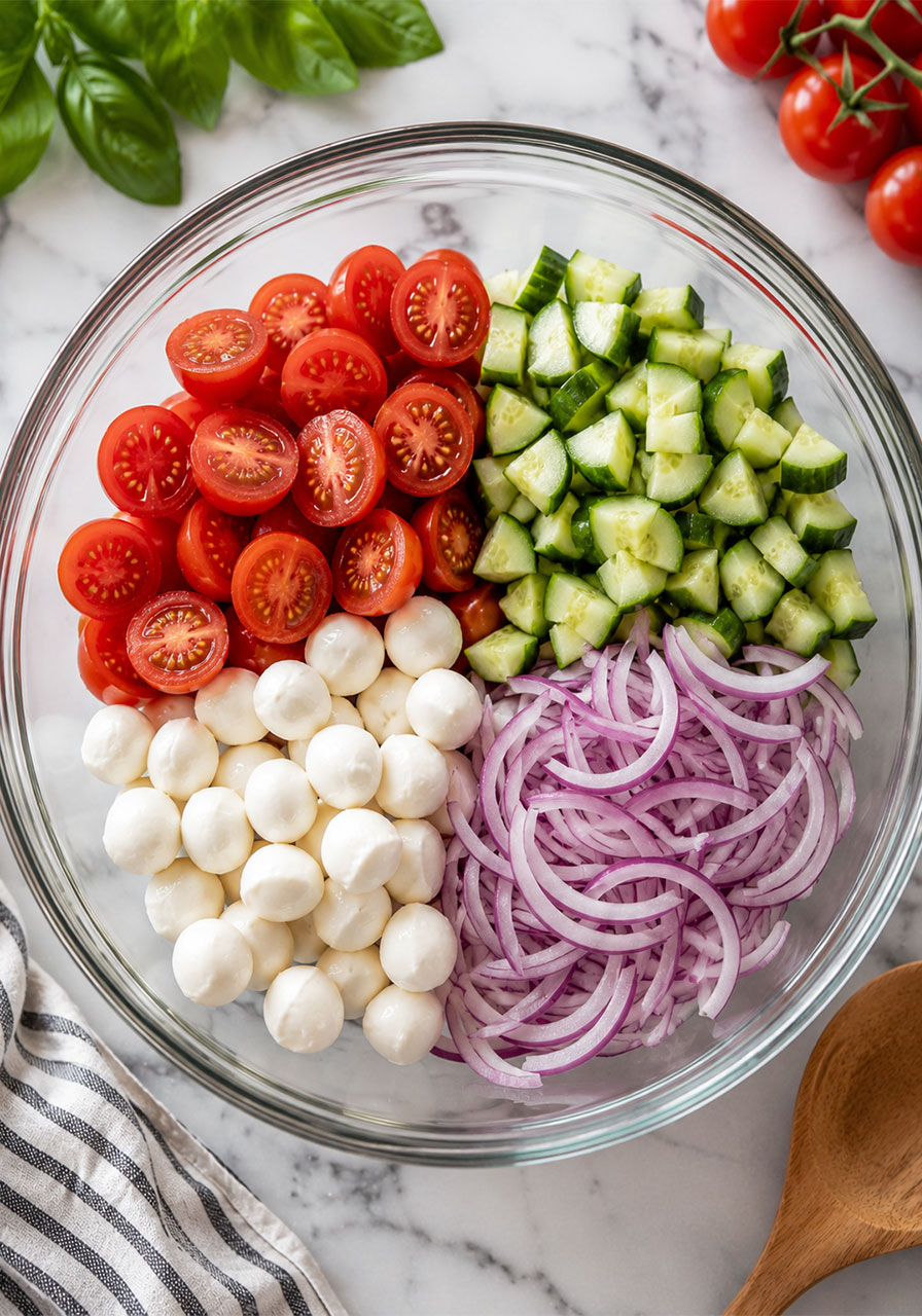 Cherry tomatoes, cucumber, mozzarella, and red onion arranged in a glass bowl ready to be tossed for easy cucumber caprese salad