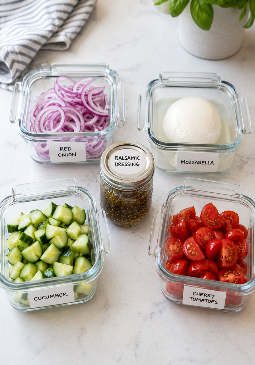 Make-ahead meal prep for easy cucumber caprese salad with ingredients stored in separate airtight containers
