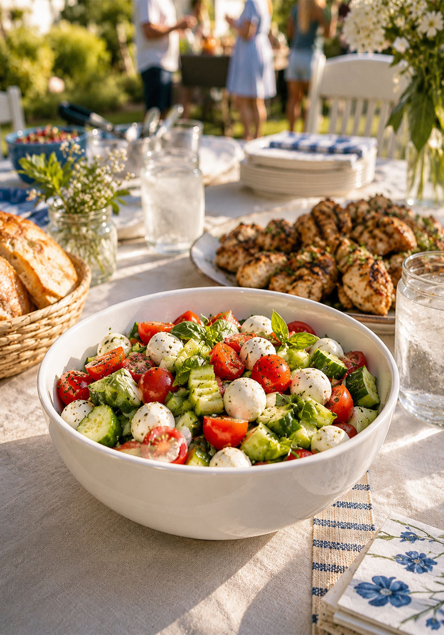 Easy cucumber caprese salad served on a summer party table alongside grilled chicken and crusty bread