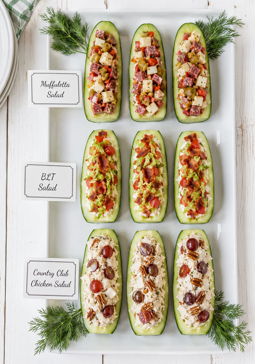 Cucumber salad boats with three fillings including muffuletta BLT and chicken salad, no-cook summer party appetizer