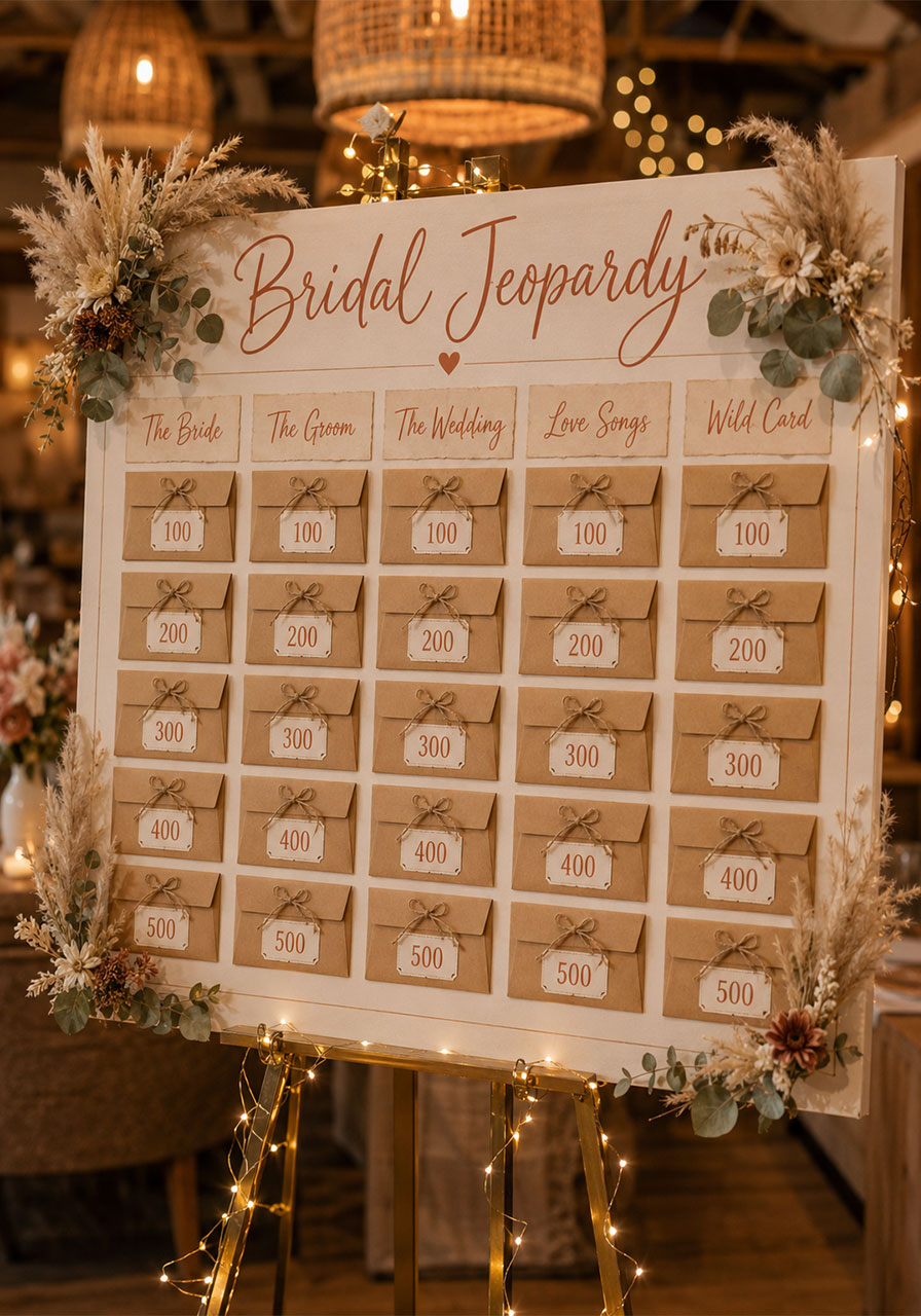 A custom rustic boho themed Bridal Jeopardy game board decorated with kraft paper envelopes, dried flowers, and calligraphy category labels on a gold easel