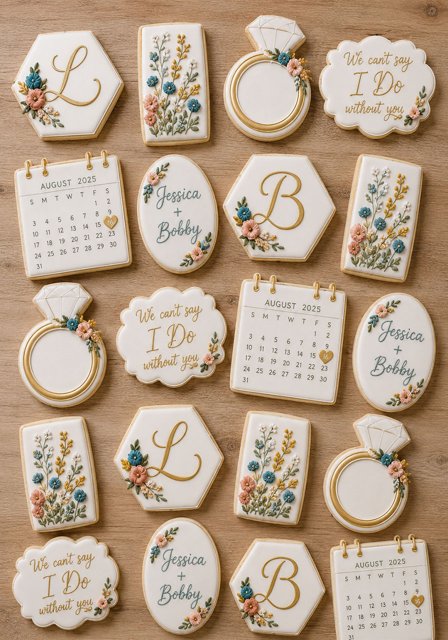 Custom bridal shower sugar cookies with royal icing floral designs, monograms, and personalized wedding script — unique favor ideas