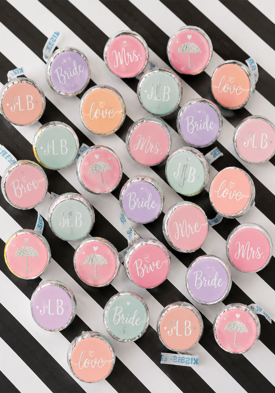 Custom Hershey Kiss labels made with Cricut Print Then Cut feature — personalized bridal shower candy favor idea