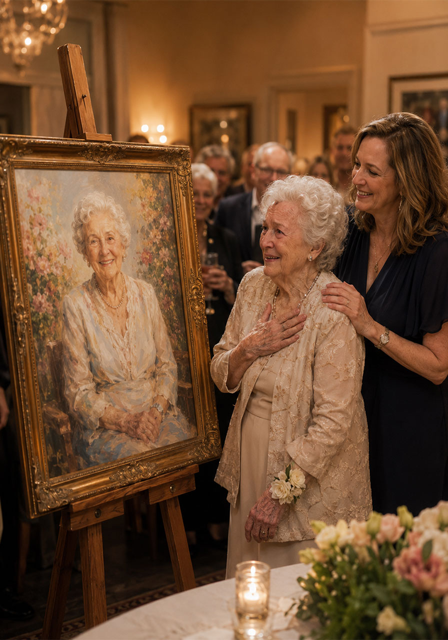Custom painted portrait gift reveal at a 90th birthday party with emotional honoree reaction
