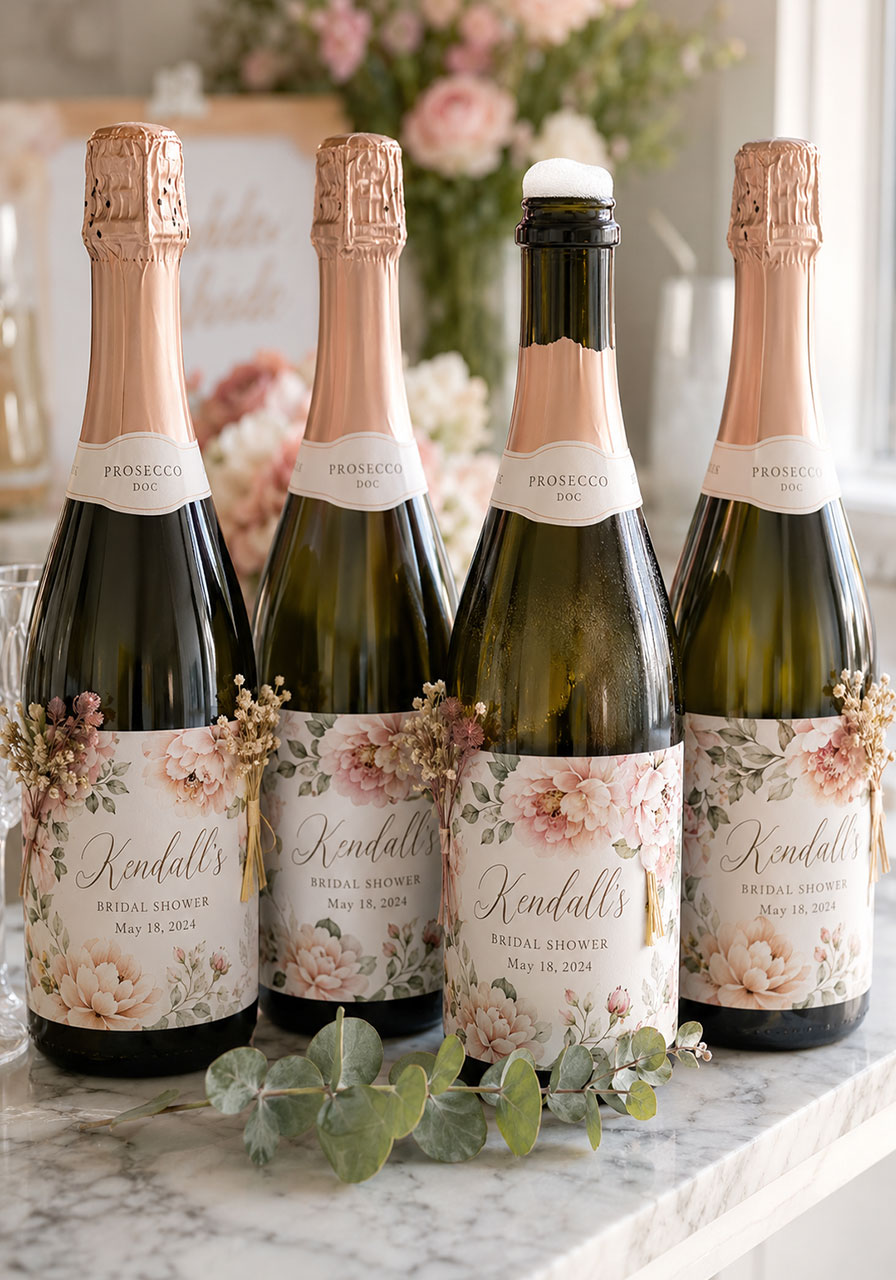 Custom floral prosecco bottle labels with bride's name for a petals and prosecco bridal shower decoration idea