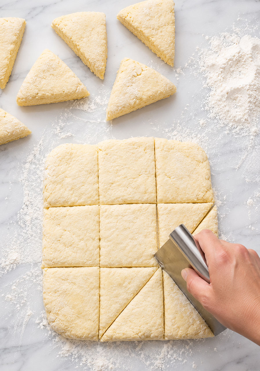 Overhead view of scone dough being cut into triangle shapes on a floured marble surface using a bench scraper