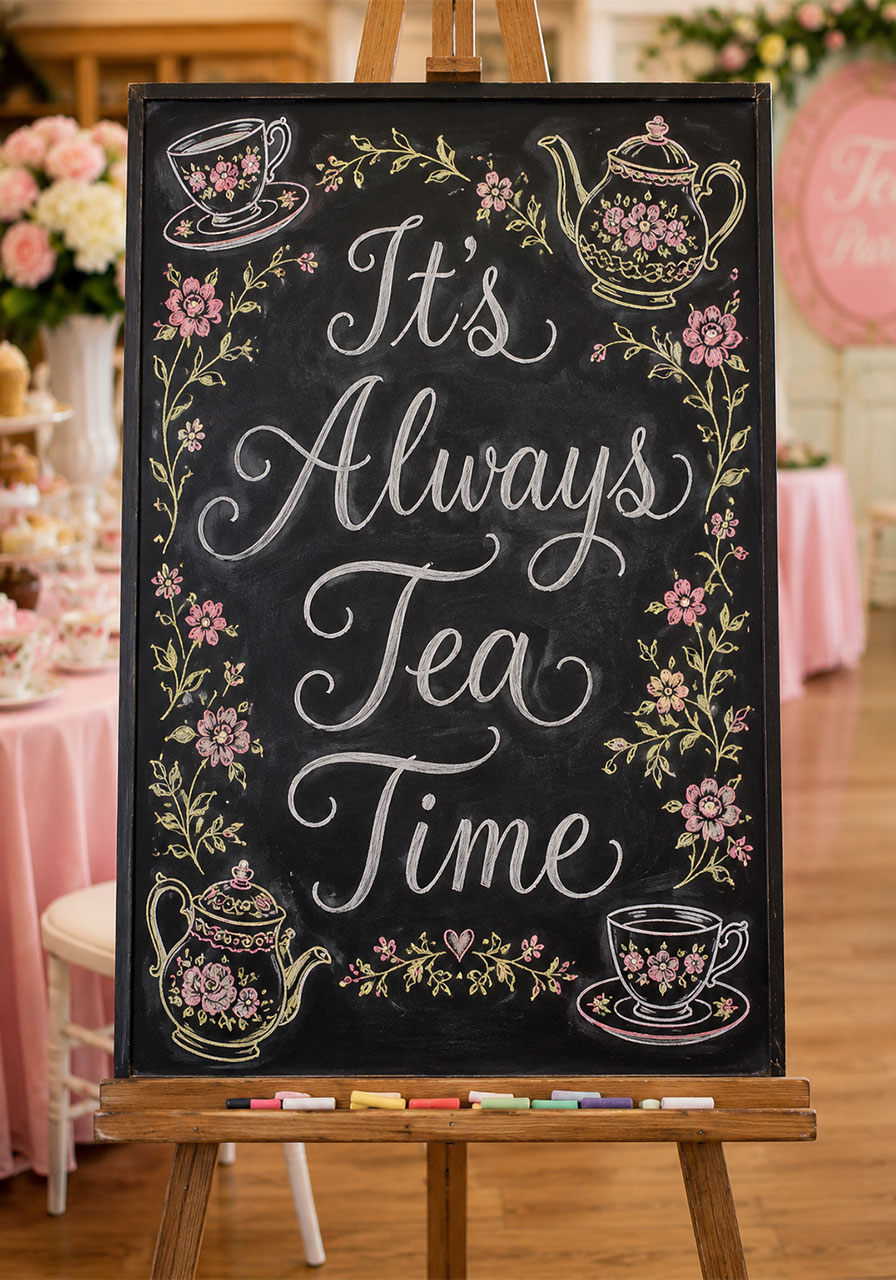 Hand-lettered chalkboard sign idea for a dainty tea party entrance