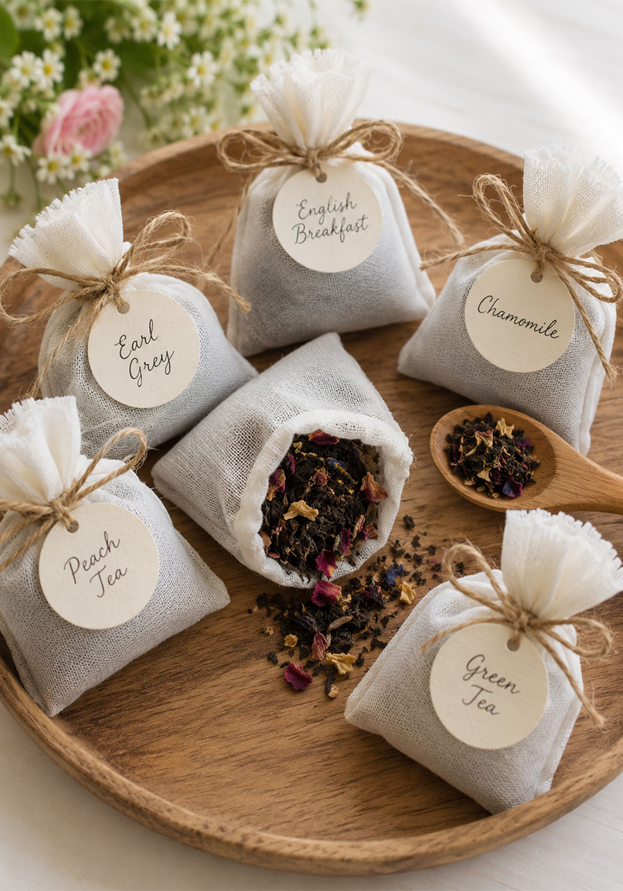 DIY loose leaf tea bag party favors with handwritten tags