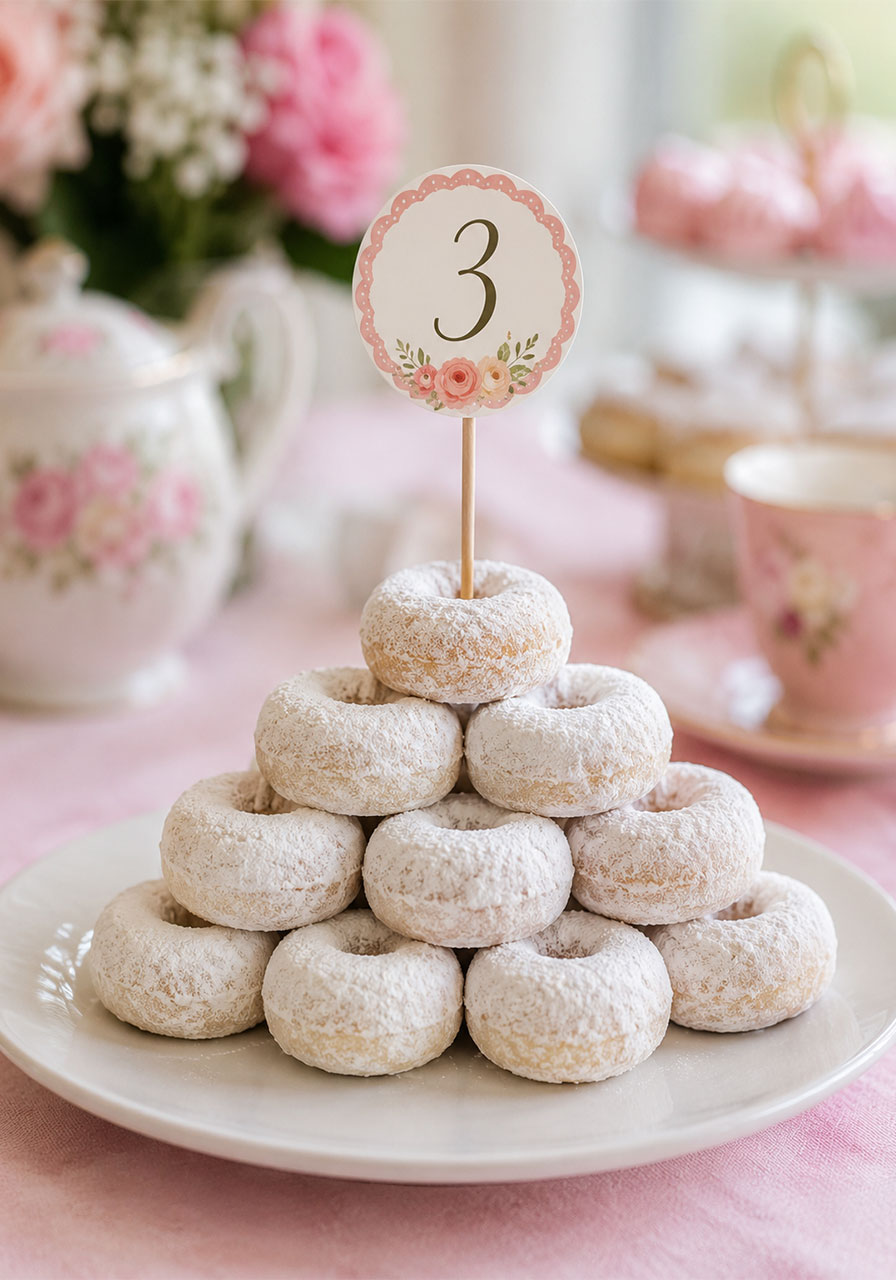 Mini donut stack table number holder idea for tea party seating