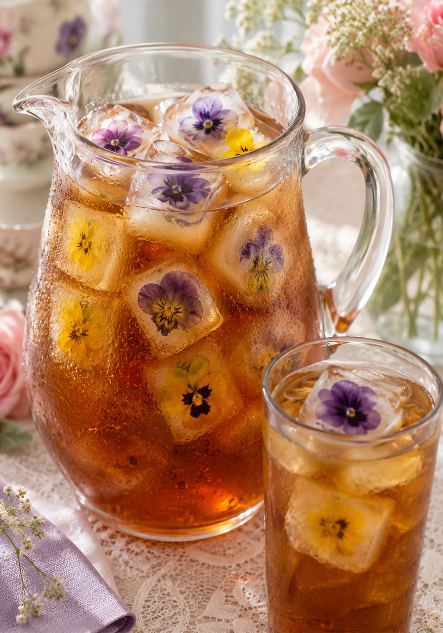 Edible flower ice cubes idea for tea party iced tea pitcher