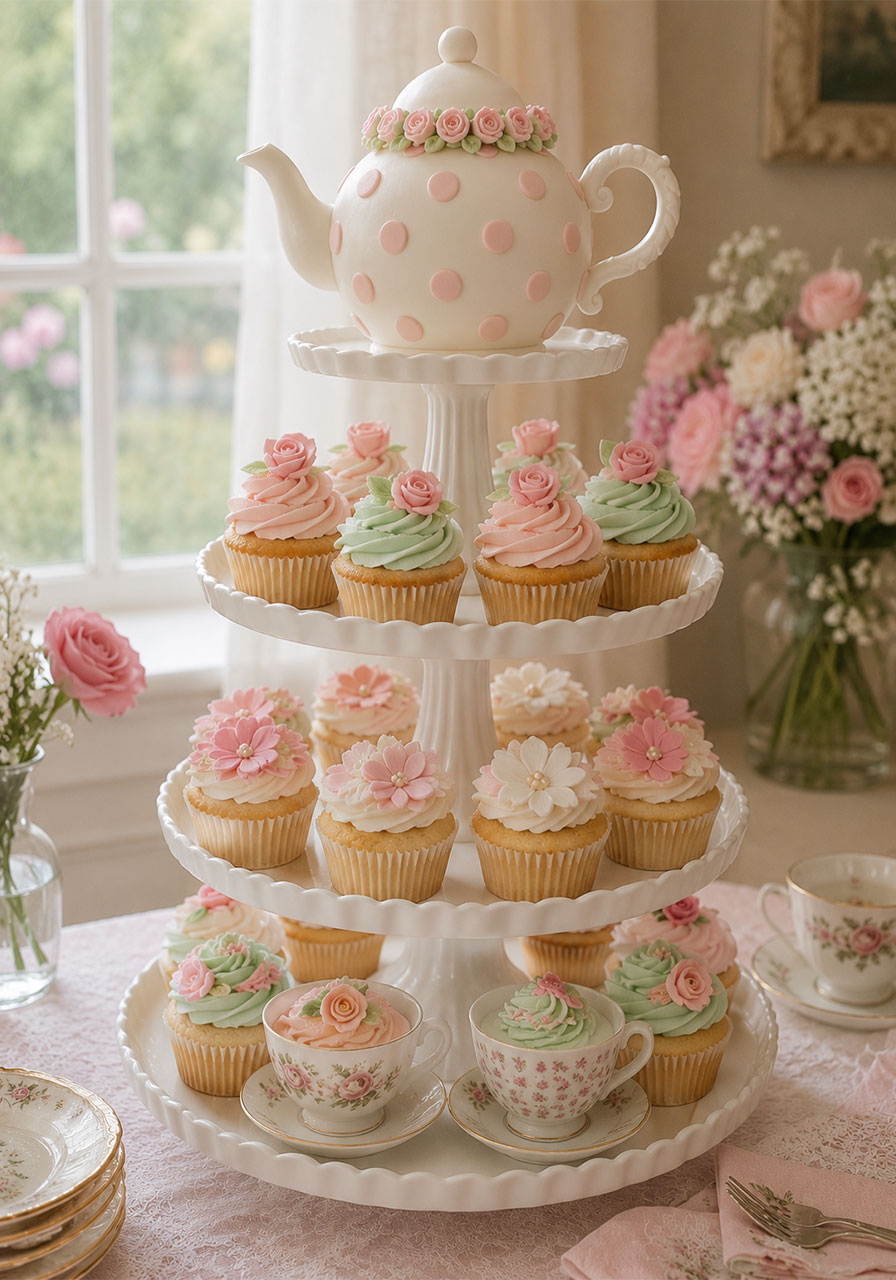 Showstopping fondant teapot cupcake tower centerpiece for a tea party