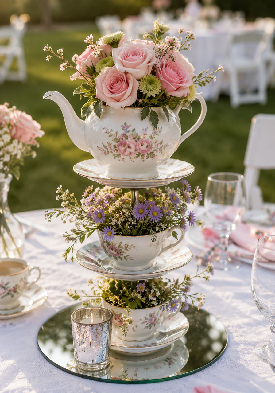 Garden-style tiered teacup and teapot centerpiece for an outdoor tea party