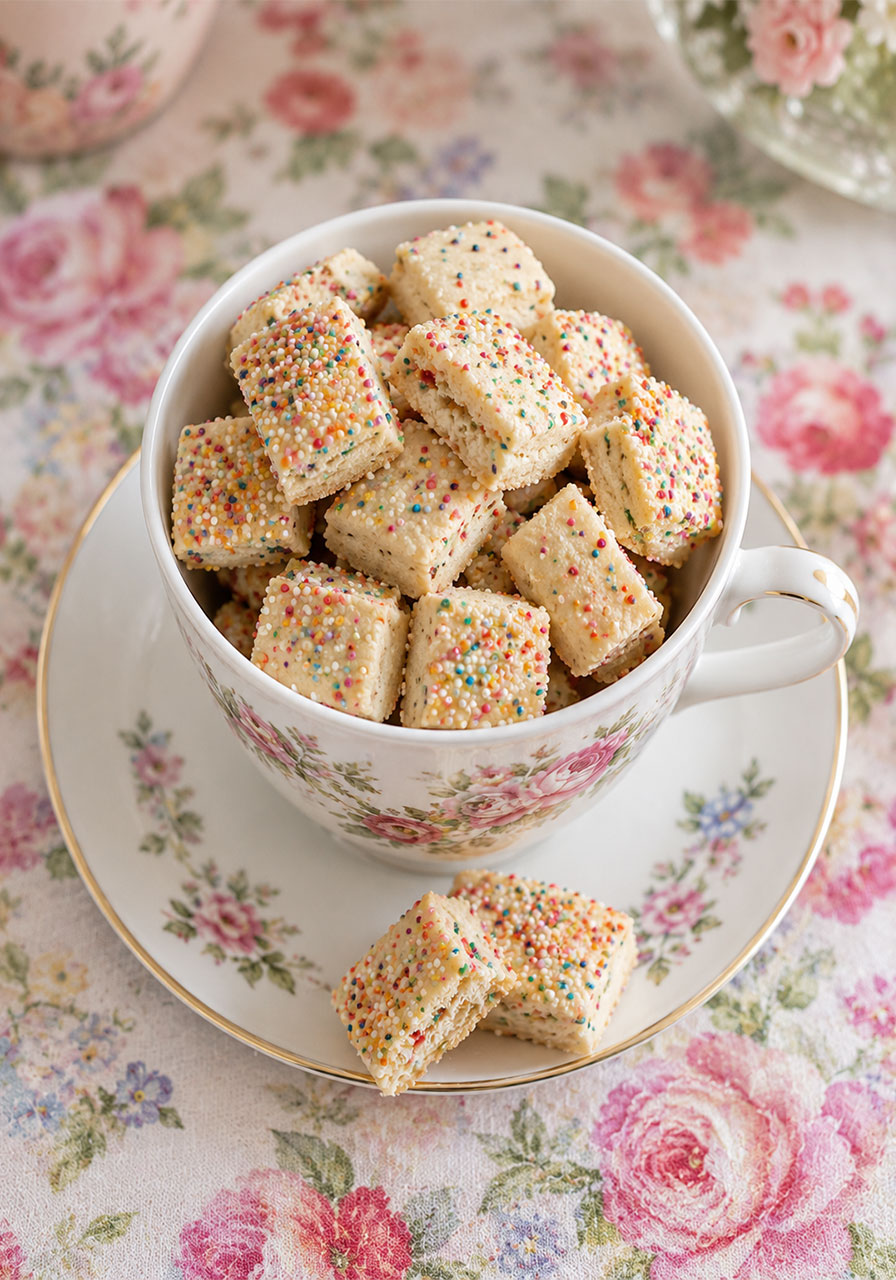 Colorful rainbow sprinkle shortbread cookies served in a teacup