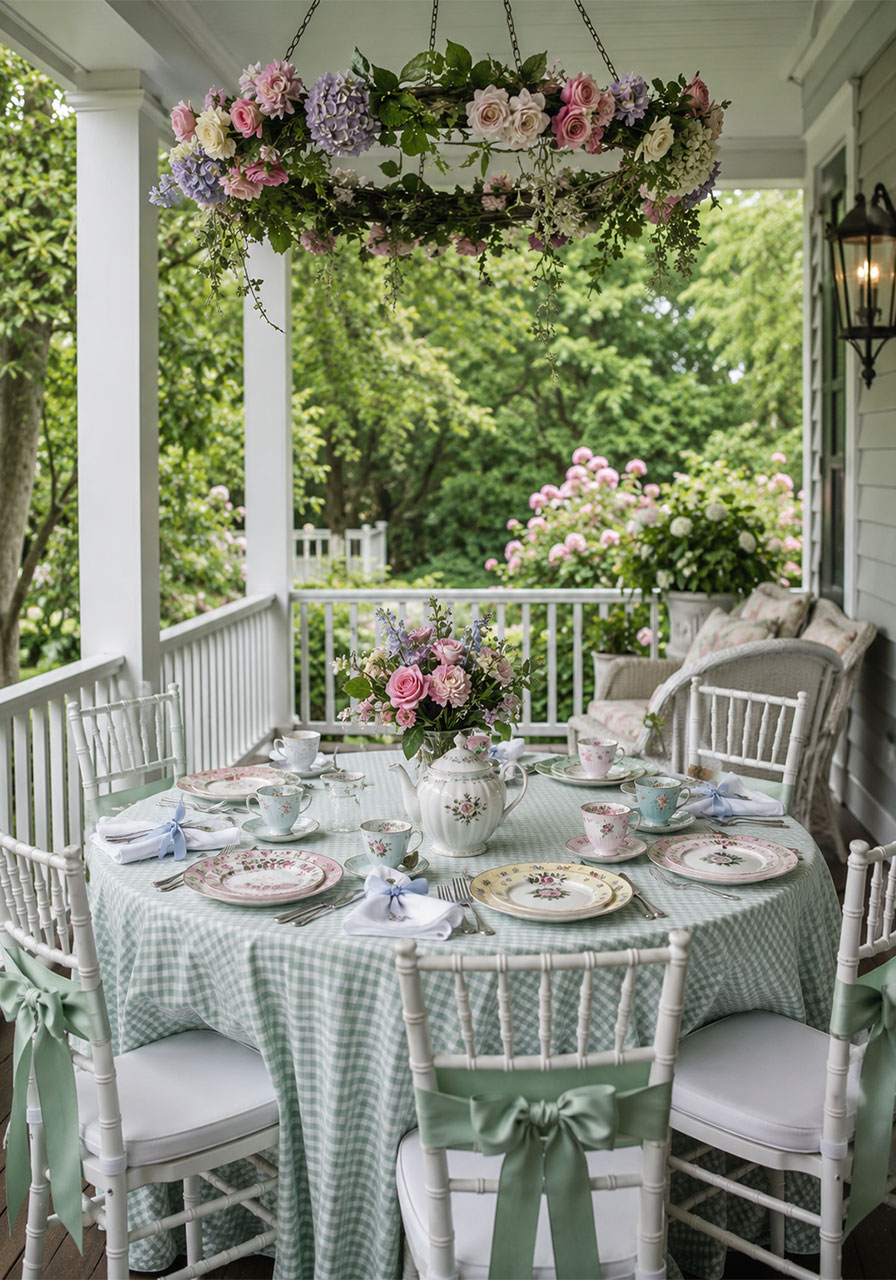 Whimsical storybook-style tea party table setting with floral canopy