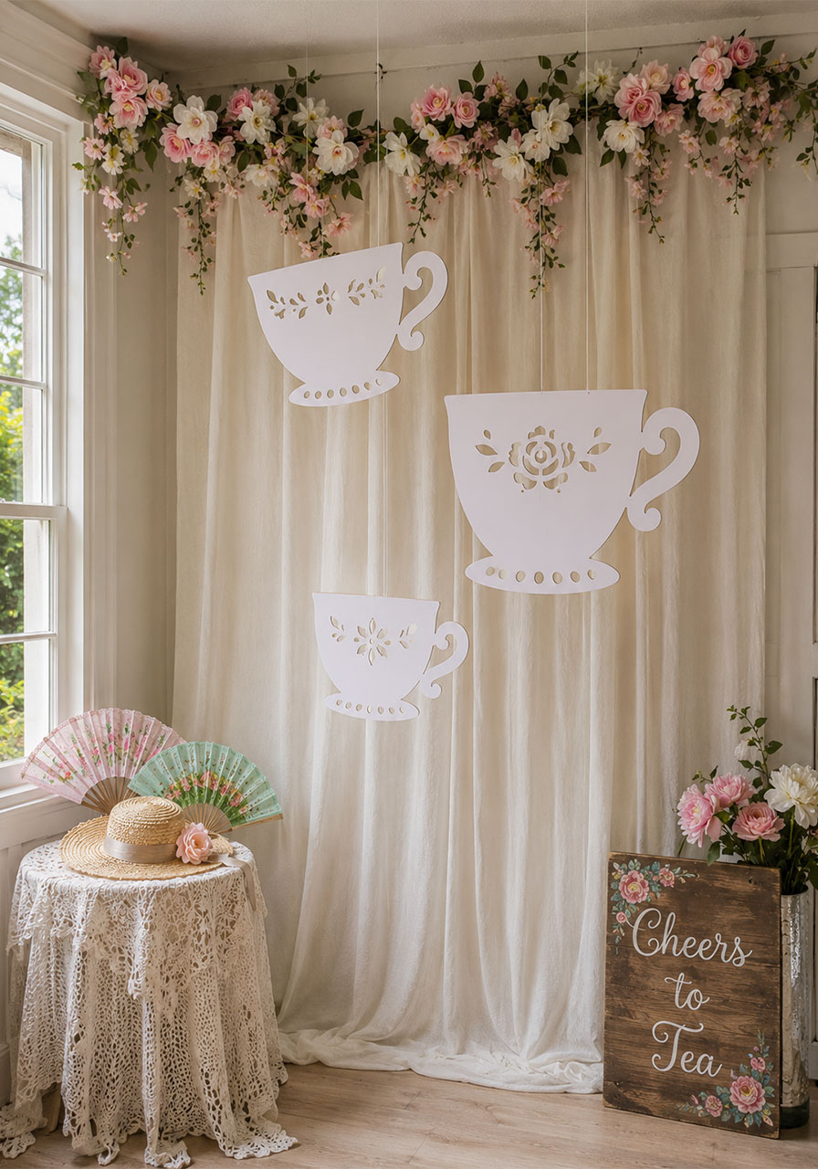 Tea party photo backdrop idea with hanging teacup decorations
