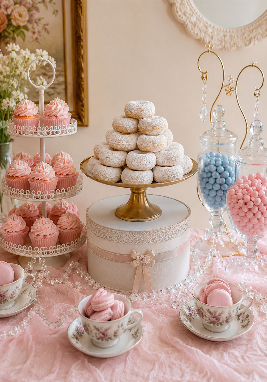 Tiered candy and sweets display table for a dainty tea party dessert station