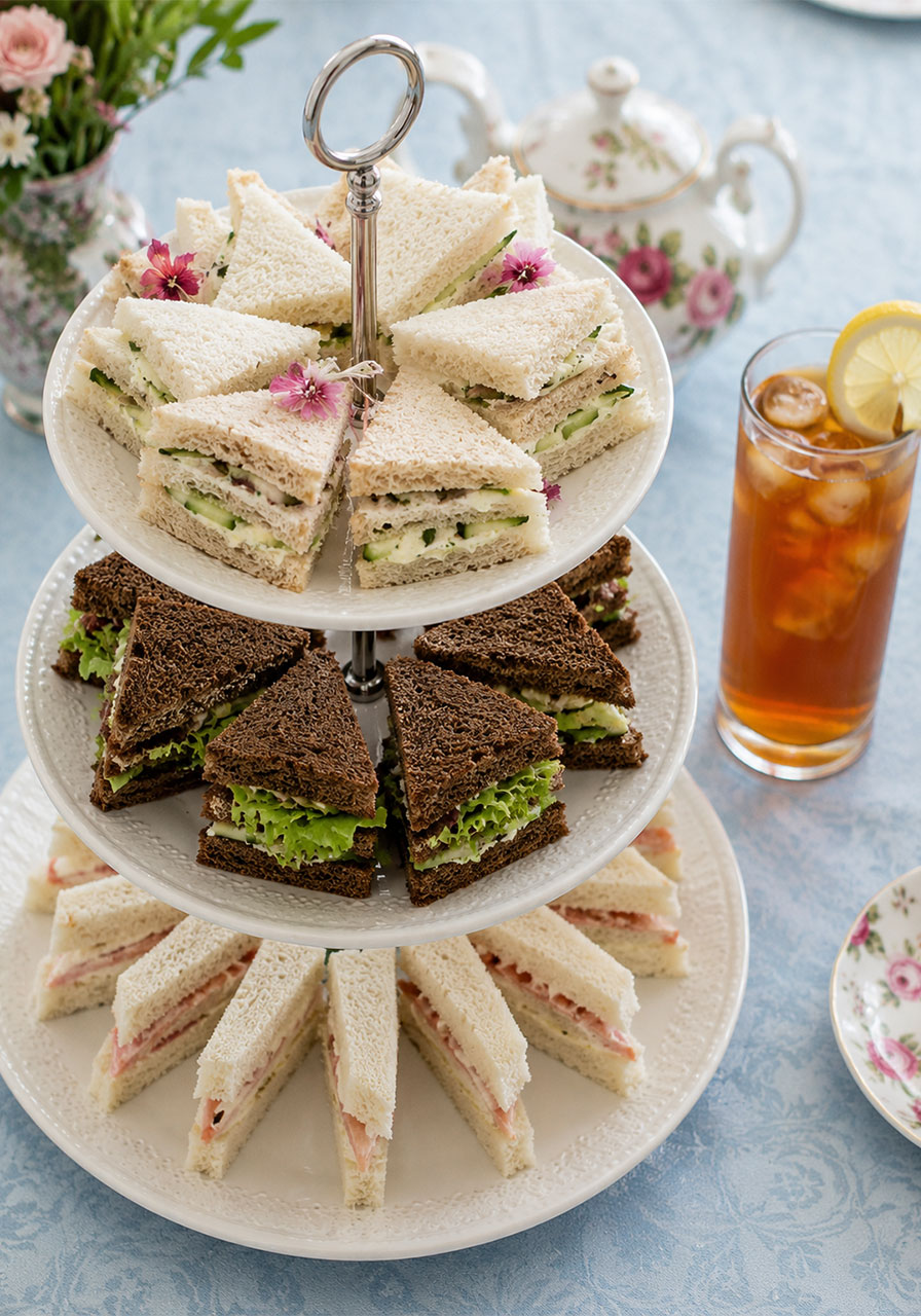 Three-tier stand of classic tea sandwiches for an afternoon tea party