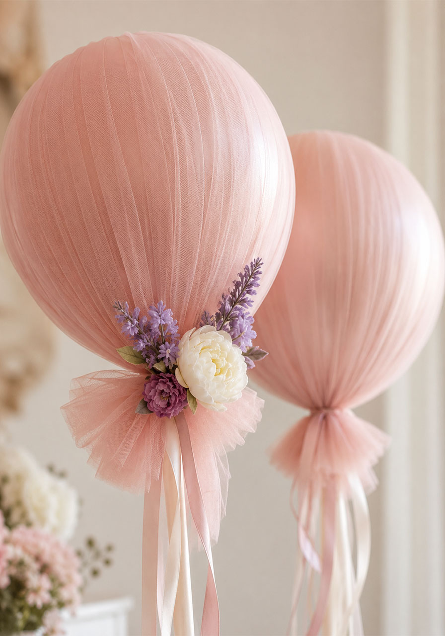 Tulle-covered balloon decoration idea for tea party corners