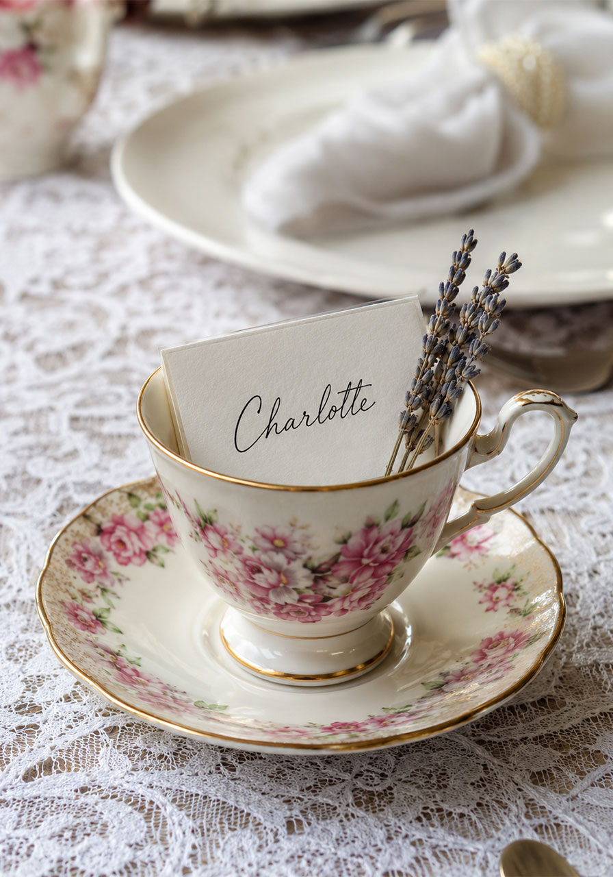 Vintage teacup place card idea for tea party seating