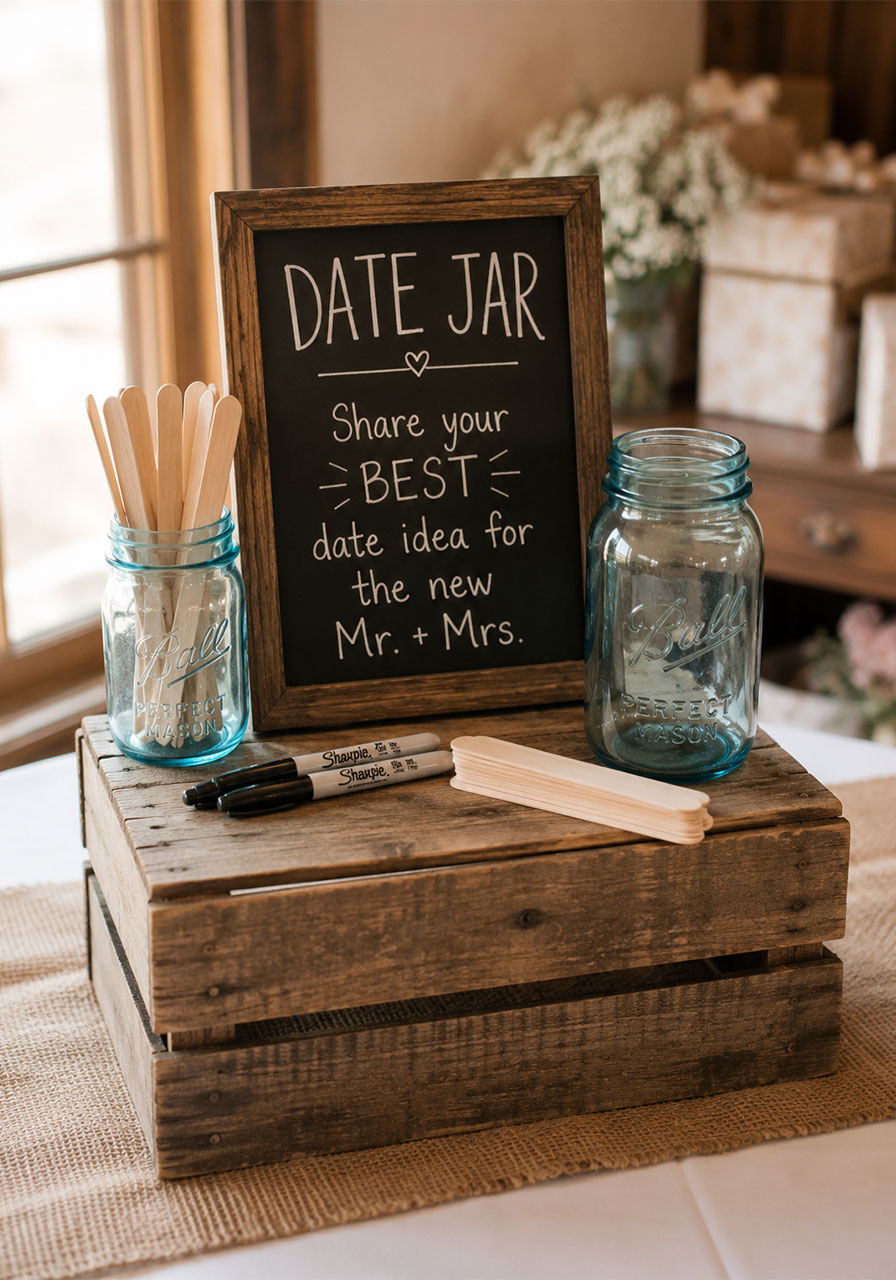 Date ideas jar station with chalkboard sign and popsicle sticks on rustic wooden crate – bridal shower activity idea
