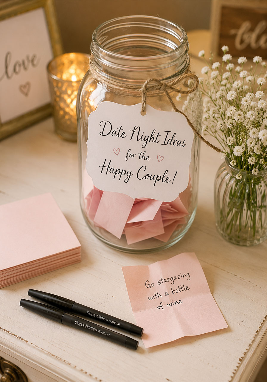 Date night idea jar station with pink paper slips and calligraphy label at bridal shower