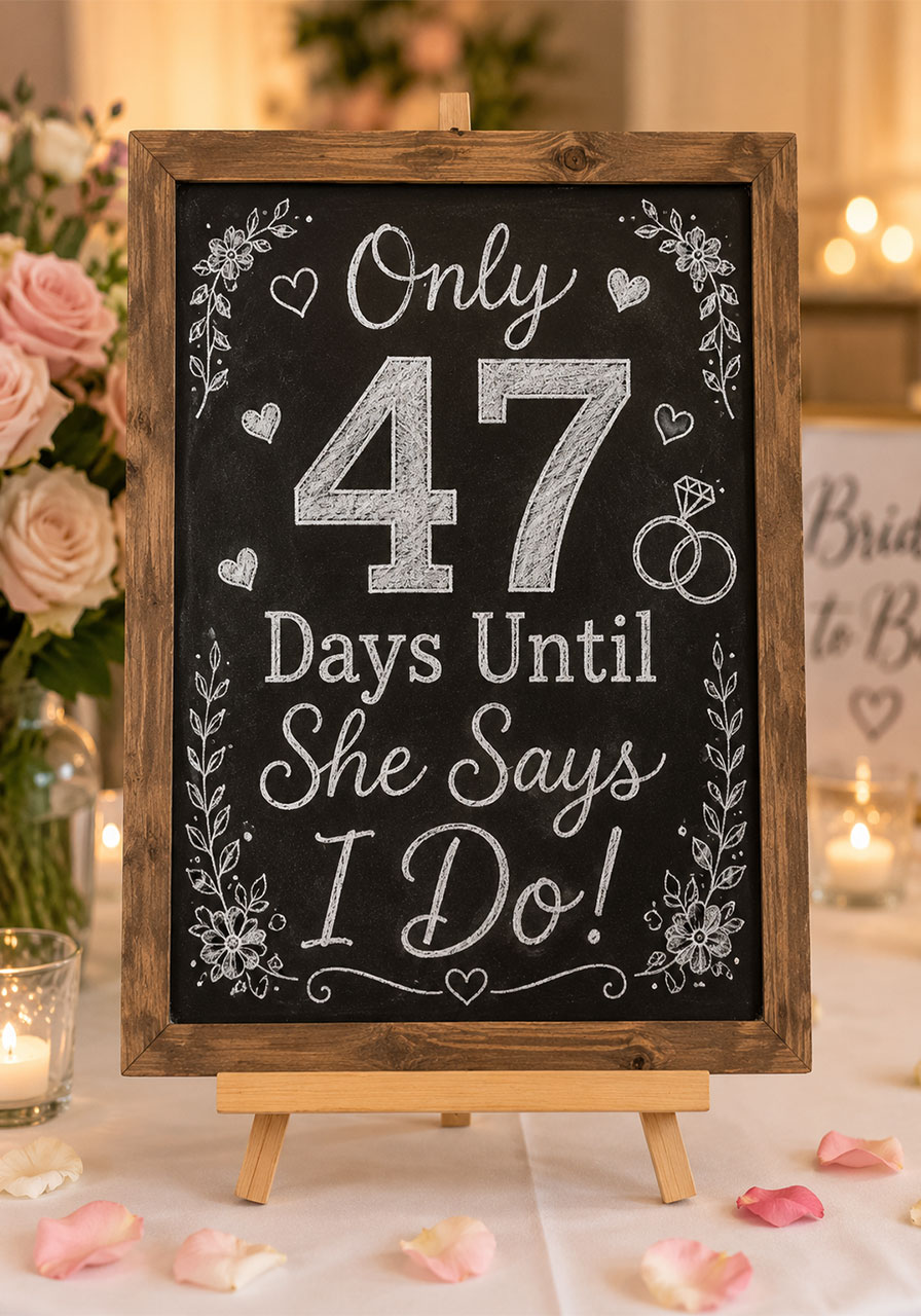 Days until she says I do countdown chalkboard sign on wooden easel – charming at-home bridal shower decoration idea