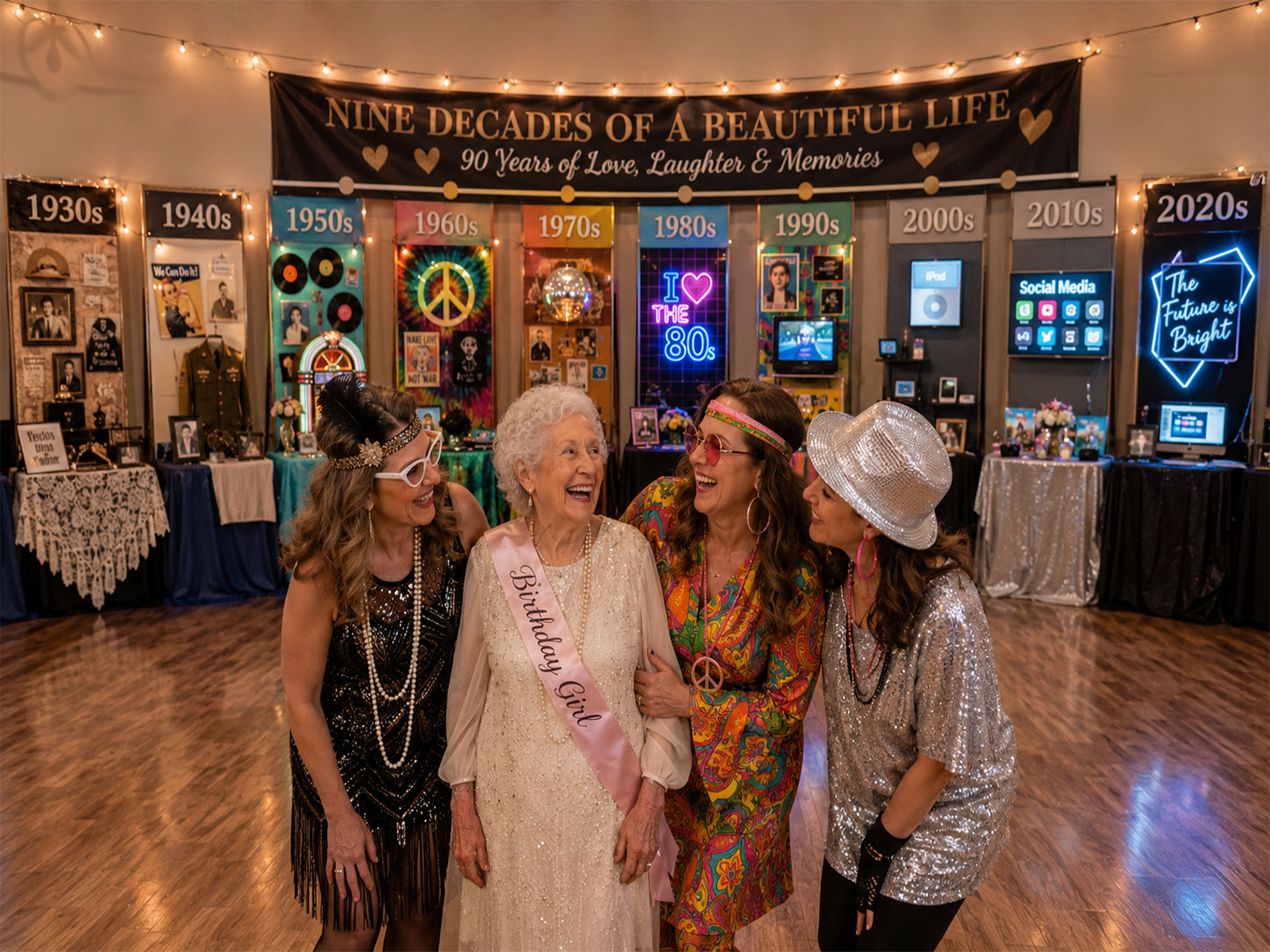 Decades-themed 90th birthday party with nine era stations, timeline banner, and decade-costume guests