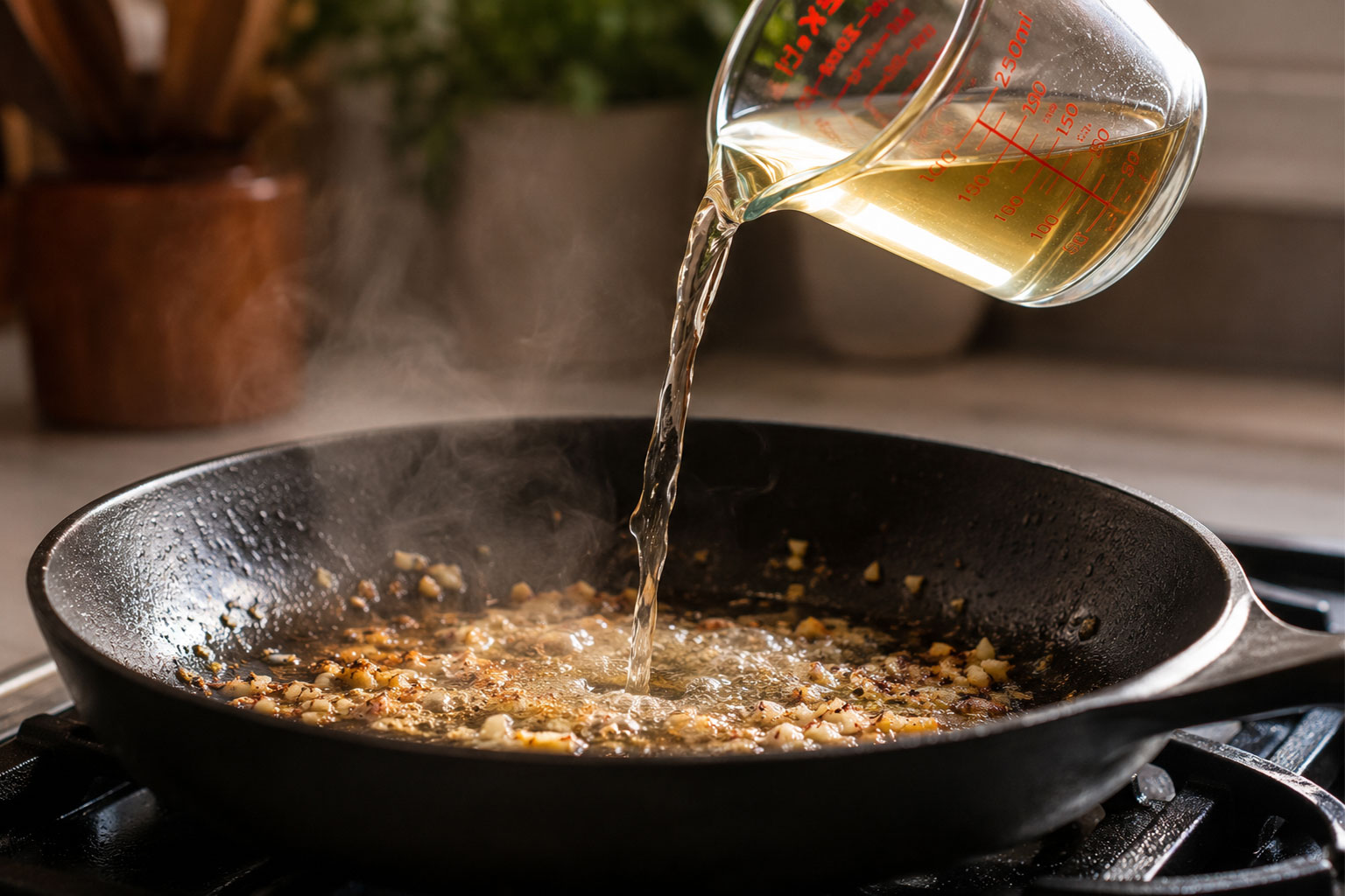 Pouring white wine into skillet to deglaze for lemon orzo sauce