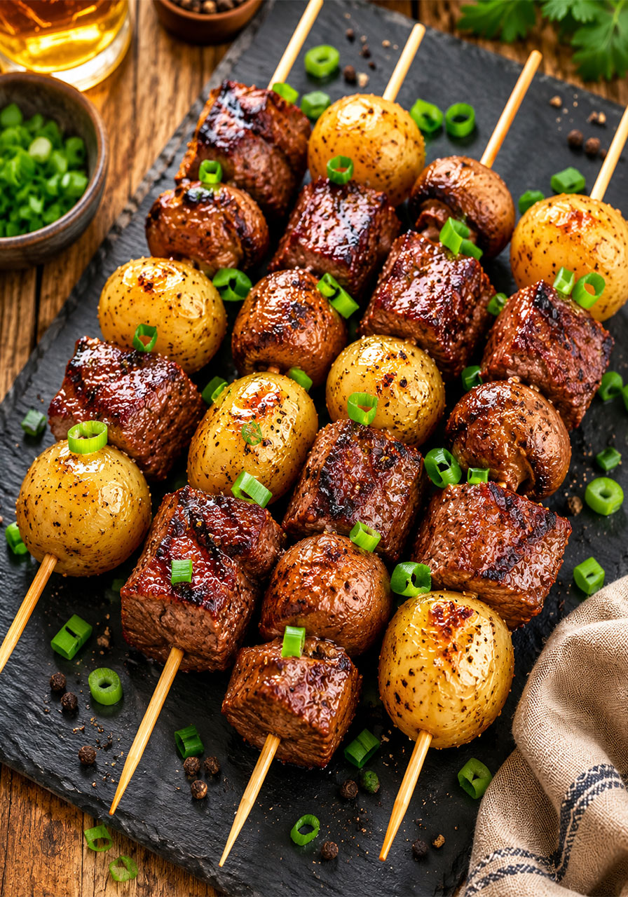 Delicious grilled steak and potato kabobs on a dark slate board garnished with scallions